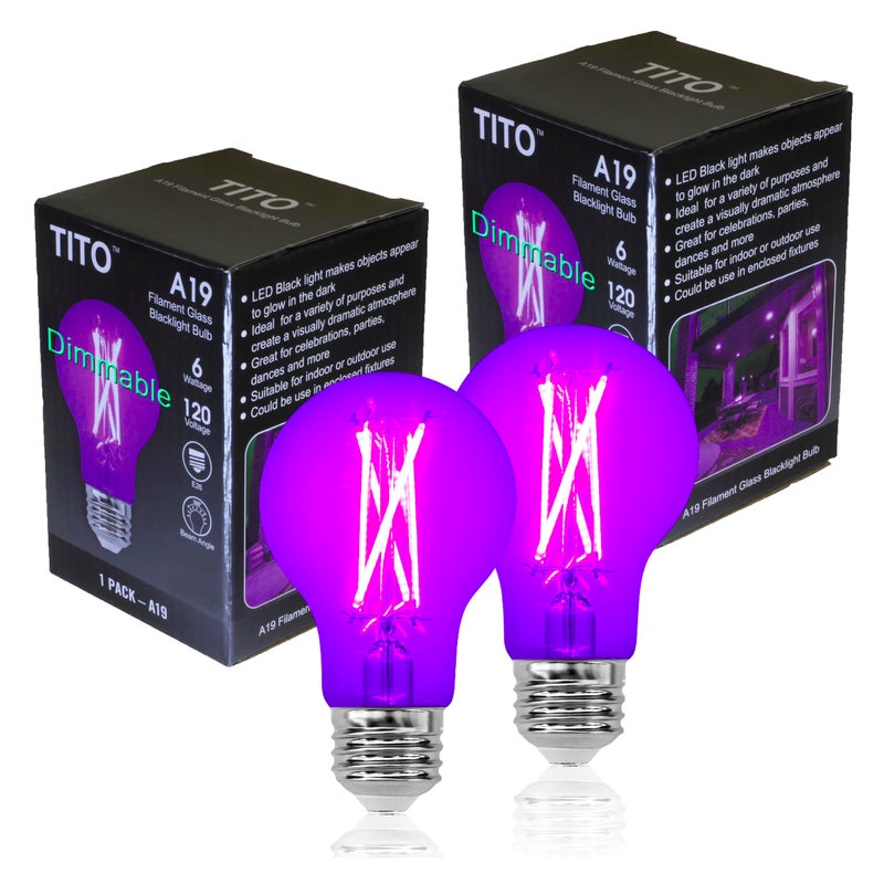 TITO 2 Pack E26 A19 Dimmable Filament LED Black Light Bulbs, UVA 395nm 6W Blacklight Bulb 100W Equivalent, Black Light Bulb Glow in Dark Halloween Christmas Party Fluorescent Posters Decor Display - Image 1