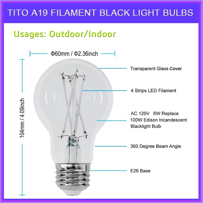 TITO 2 Pack E26 A19 Dimmable Filament LED Black Light Bulbs, UVA 395nm 6W Blacklight Bulb 100W Equivalent, Black Light Bulb Glow in Dark Halloween Christmas Party Fluorescent Posters Decor Display - Image 5