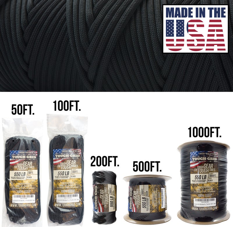 TOUGH-GRID Premium 550lb Paracord Rope - Made in USA - 100% Nylon Type III Mil-Spec - UV & Abrasion Resistant - Heavy Duty Strands - Outdoor Survival Rope - Used by US Military - 100ft - Black - Image 2