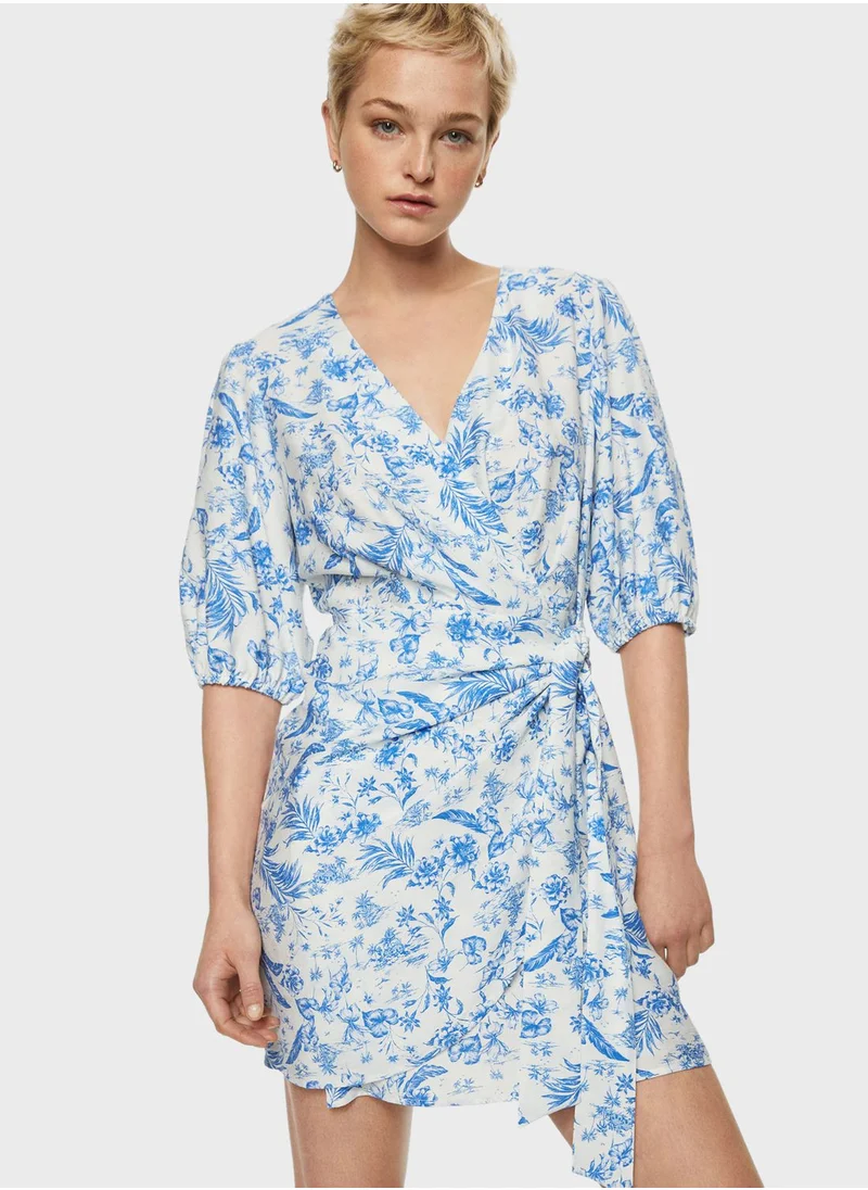 MANGO Surplice Neck Tie Detail Dress