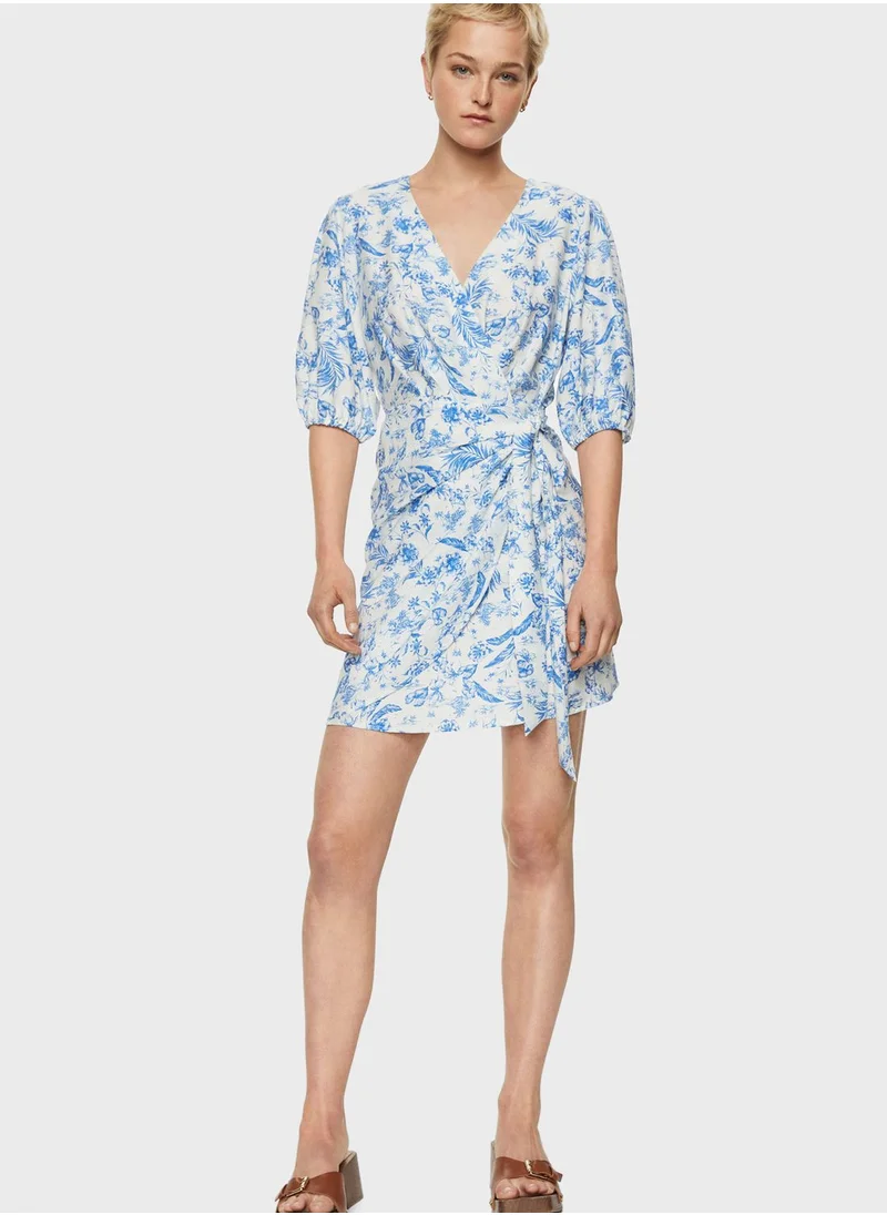 MANGO Surplice Neck Tie Detail Dress