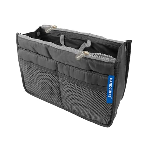 Handcuffs Women Purse Organizer Insert With Zipper Pocket | Felt | Tote Bag | Organiser | Handbags | Divider | Packing Cube | Travel | Makeup | Cosmetic | Storage - Black - Image 1