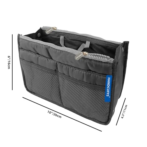 Handcuffs Women Purse Organizer Insert With Zipper Pocket | Felt | Tote Bag | Organiser | Handbags | Divider | Packing Cube | Travel | Makeup | Cosmetic | Storage - Black - Image 4
