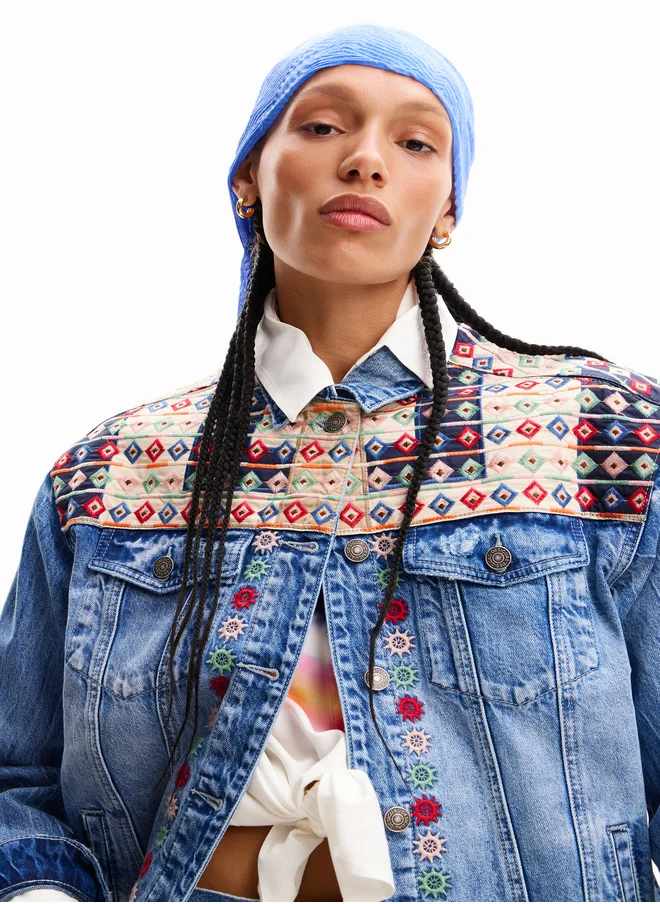 DESIGUAL Embroidered Denim Trucker Jacket