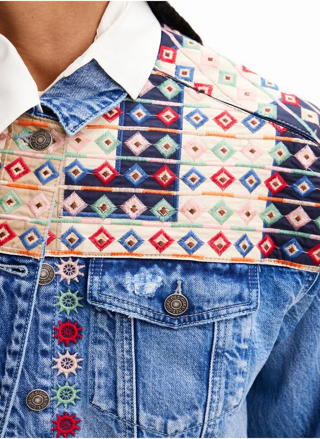 DESIGUAL Embroidered Denim Trucker Jacket