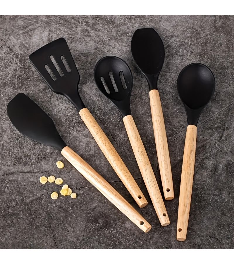 5 Pcs Large Size Silicone Kitchen Utensil Set With Wooden Handle And Storage Bucket Black - Image 2