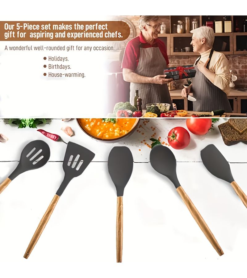 5 Pcs Large Size Silicone Kitchen Utensil Set With Wooden Handle And Storage Bucket Black - Image 4