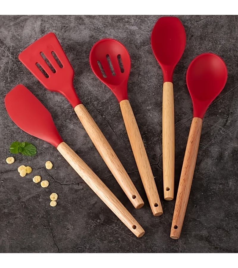5 Pcs Large Size Silicone Kitchen Utensil Set With Wooden Handle And Storage Bucket Black - Image 1
