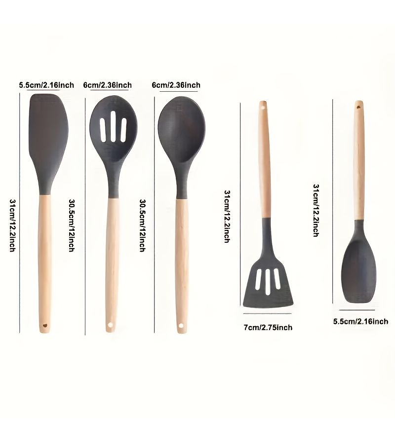 5 Pcs Large Size Silicone Kitchen Utensil Set With Wooden Handle And Storage Bucket Black - Image 3