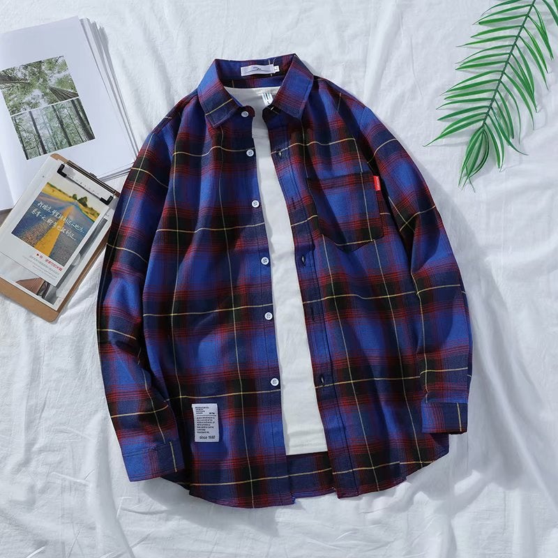 Japanese ins Plaid Shirt Mens Loose Hong Kong Style chic Student Harajuku Fashionable Shirt Jacket Thin Long Sleeve Blue 9969 