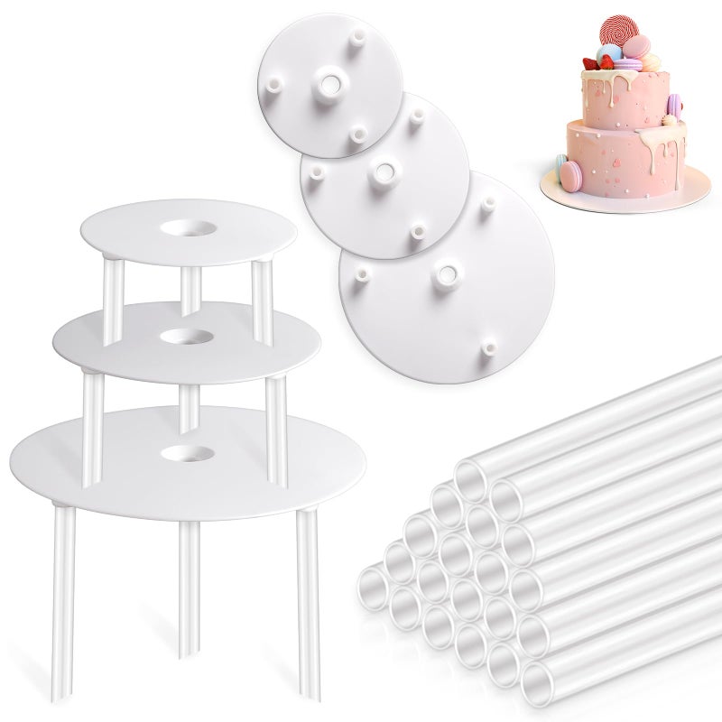Vicloon Cake Dowel Rods Set 20 Pcs Plastic Cake Support Rods White Cake Stand Sticks with 3PCS Cake Boards Reusable Cake Stand Sticks for Tiered Cake Construction Supporting