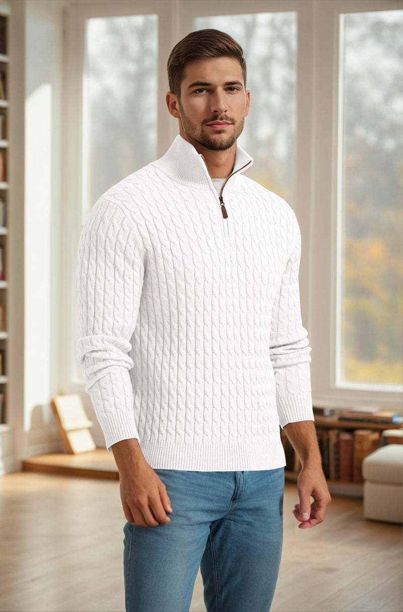 Askdeer Men's Quarter Zip Pullover Sweater Cable Knit Mock Neck Polo Sweater Classic Soft Casual Sweater with Ribbing Edge White - Image 3