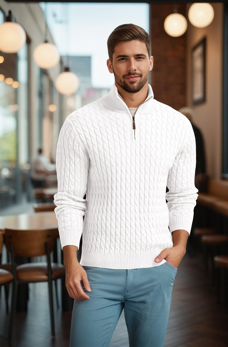 Askdeer Men's Quarter Zip Pullover Sweater Cable Knit Mock Neck Polo Sweater Classic Soft Casual Sweater with Ribbing Edge White - Image 2