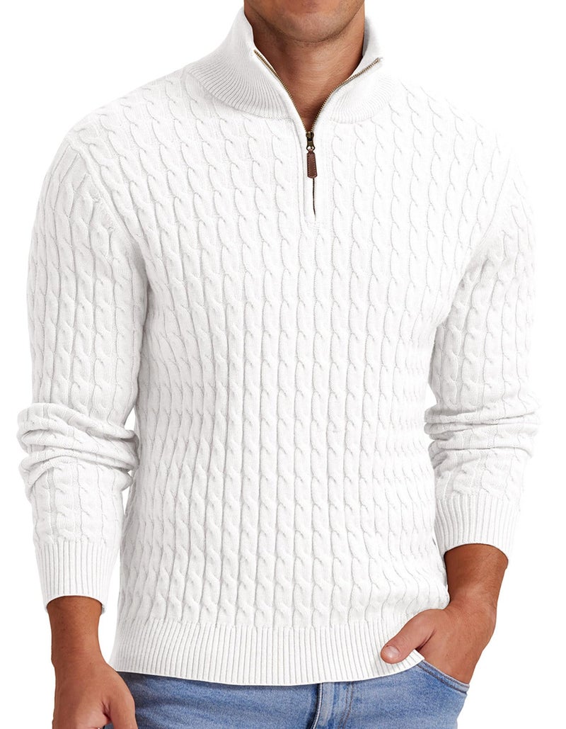 Askdeer Men's Quarter Zip Pullover Sweater Cable Knit Mock Neck Polo Sweater Classic Soft Casual Sweater with Ribbing Edge White - Image 1