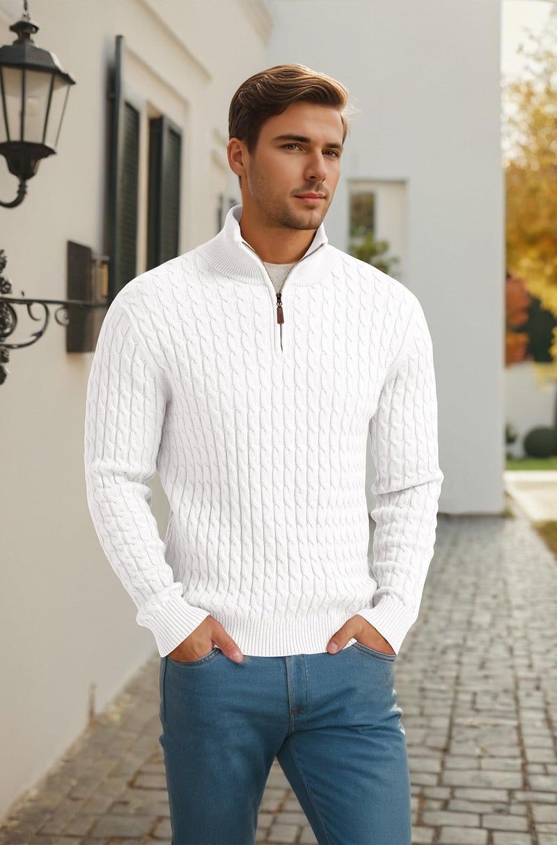 Askdeer Men's Quarter Zip Pullover Sweater Cable Knit Mock Neck Polo Sweater Classic Soft Casual Sweater with Ribbing Edge White - Image 5