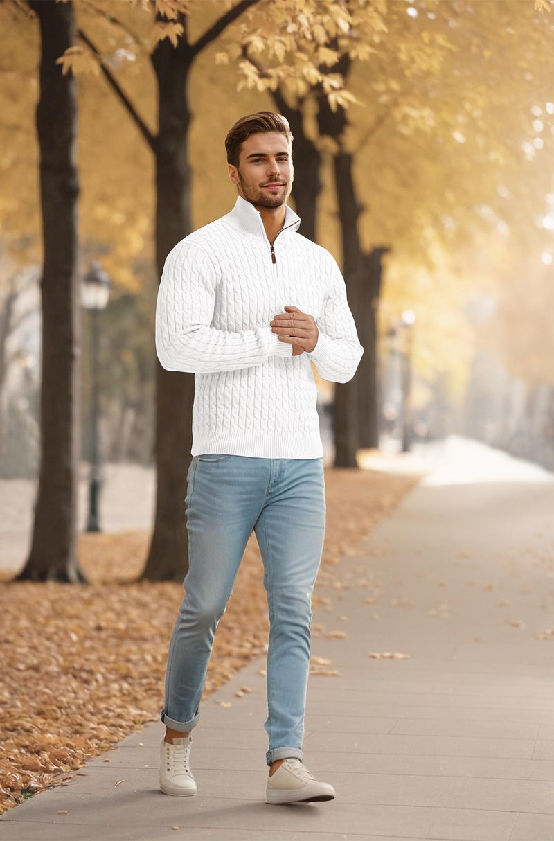 Askdeer Men's Quarter Zip Pullover Sweater Cable Knit Mock Neck Polo Sweater Classic Soft Casual Sweater with Ribbing Edge White - Image 4