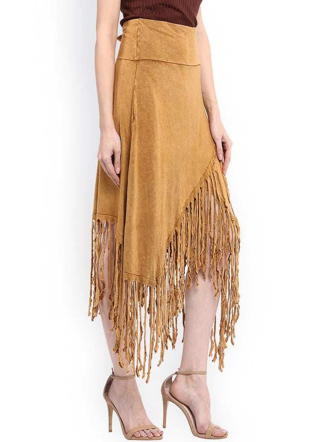 StyleStone Tan Brown Fringed Tulip Skirt for Casual Wear - Image 2