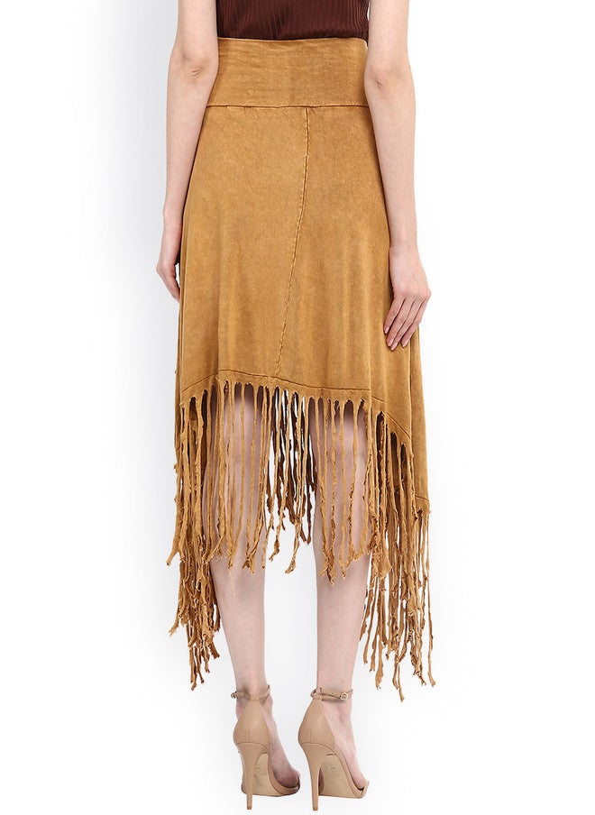 StyleStone Tan Brown Fringed Tulip Skirt for Casual Wear - Image 3