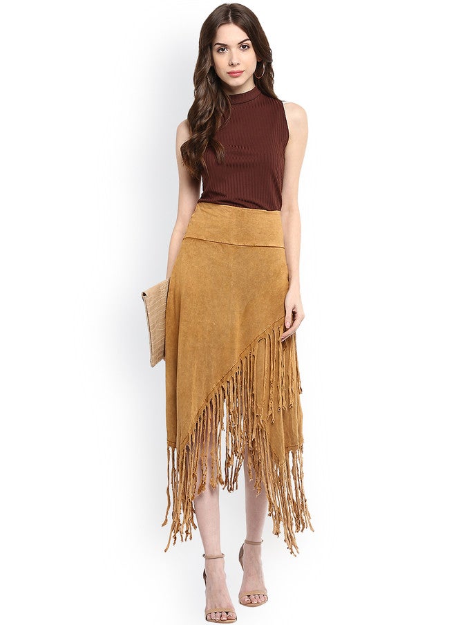 StyleStone Tan Brown Fringed Tulip Skirt for Casual Wear - Image 5