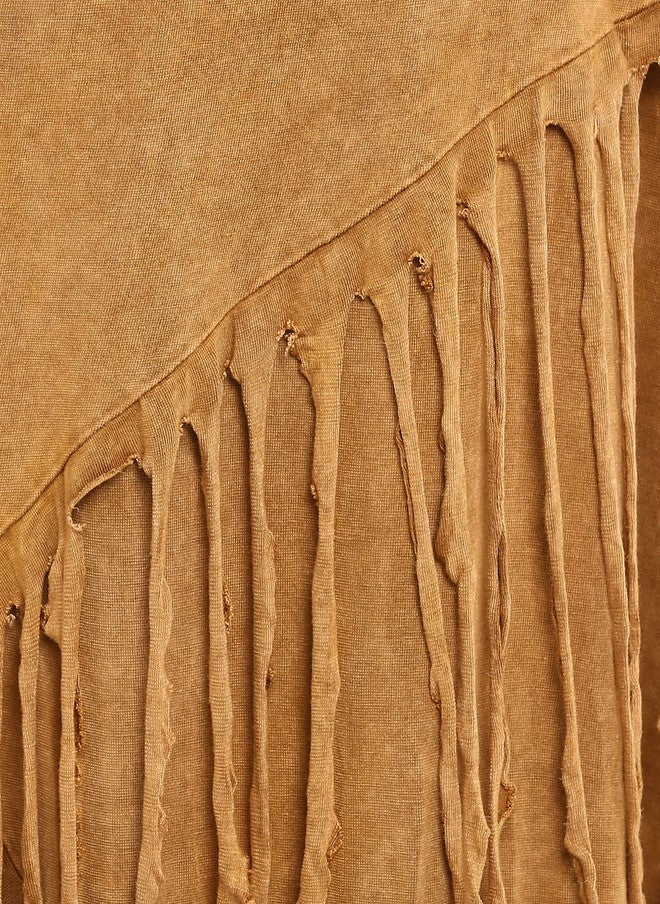 StyleStone Tan Brown Fringed Tulip Skirt for Casual Wear - Image 4