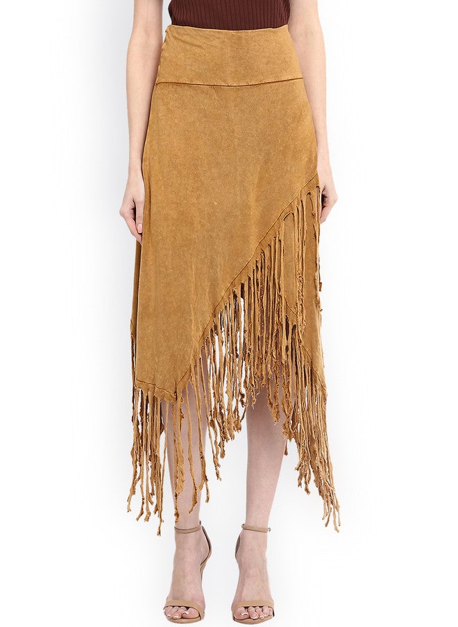 StyleStone Tan Brown Fringed Tulip Skirt for Casual Wear - Image 1