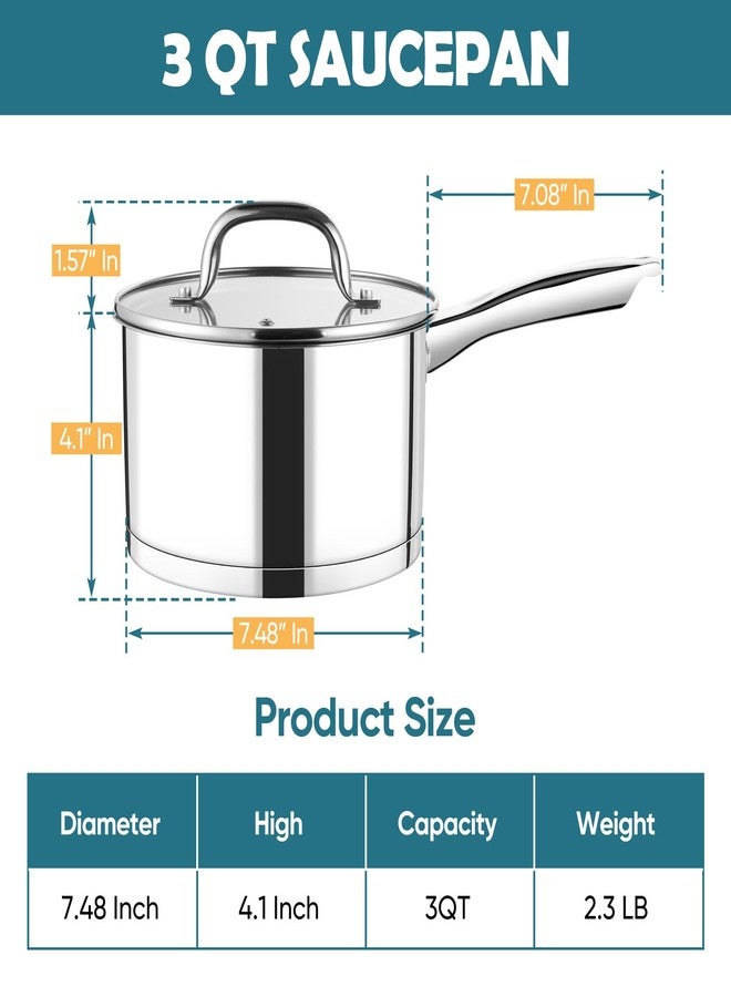 P&P CHEF قدر صلصة P&P CHEF سعة 3 كوارت مع غطاء، قدر طهي صغير من الفولاذ المقاوم للصدأ مناسب للطهي على المواقد الحثية، مثالي لتحضير المعكرونة والشوربة، بمقبض مريح وقاعدة ثلاثية الطبقات، آمن للغسل في غسالة الأطباق، قدر واحد - Image 2