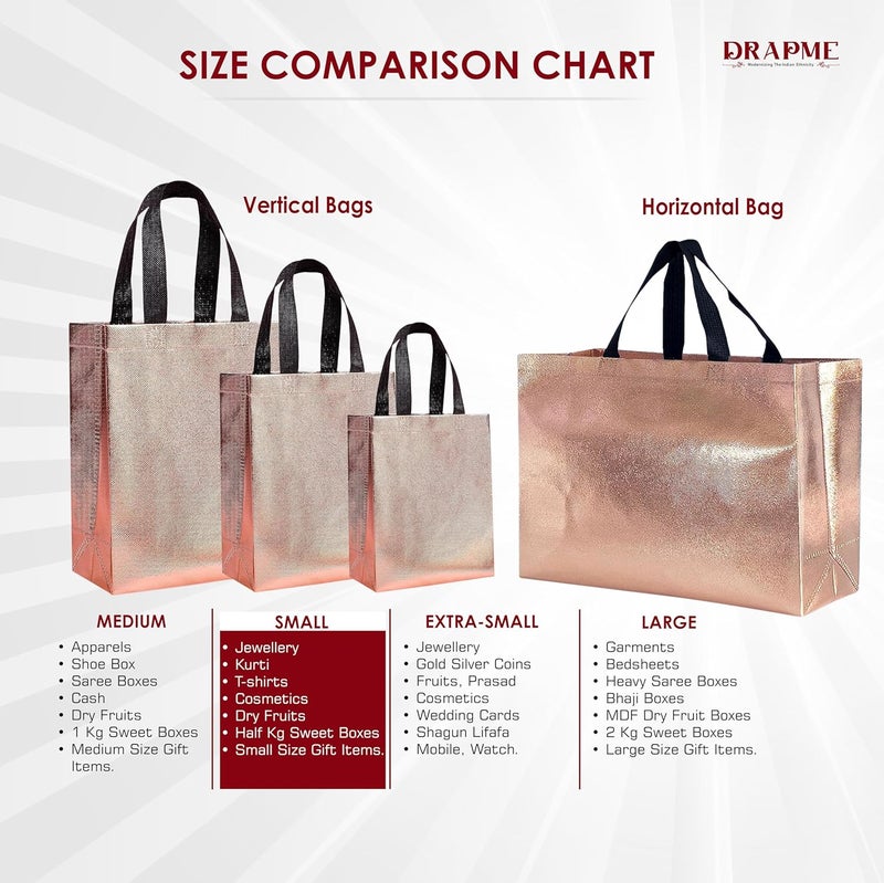 Drapme Small Size Pack of 10 Pcs Glossy Metallic Laminated NonWoven Reusable EcoFriendly Party Return Gift Bags Rose Gold Small 95x10x4 Inch - Image 3
