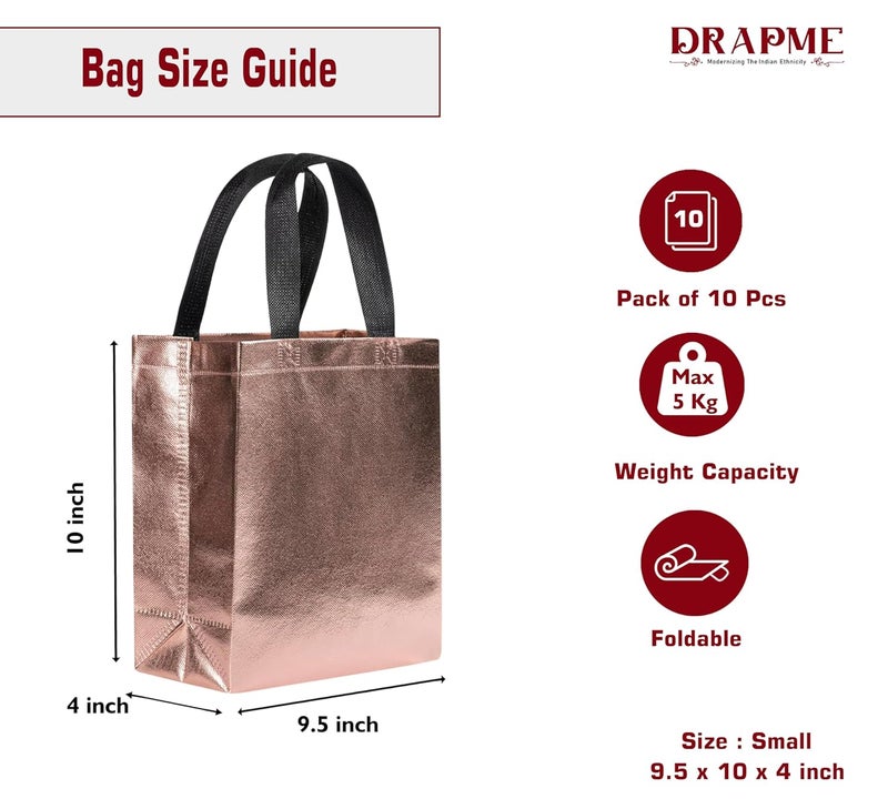 Drapme Small Size Pack of 10 Pcs Glossy Metallic Laminated NonWoven Reusable EcoFriendly Party Return Gift Bags Rose Gold Small 95x10x4 Inch - Image 2