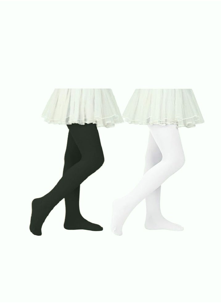 Perfectory School Uniform Tights for Girls Ballet Dance Footed Tight Ultra Soft-Black & White-2 Pairs  - Image 1