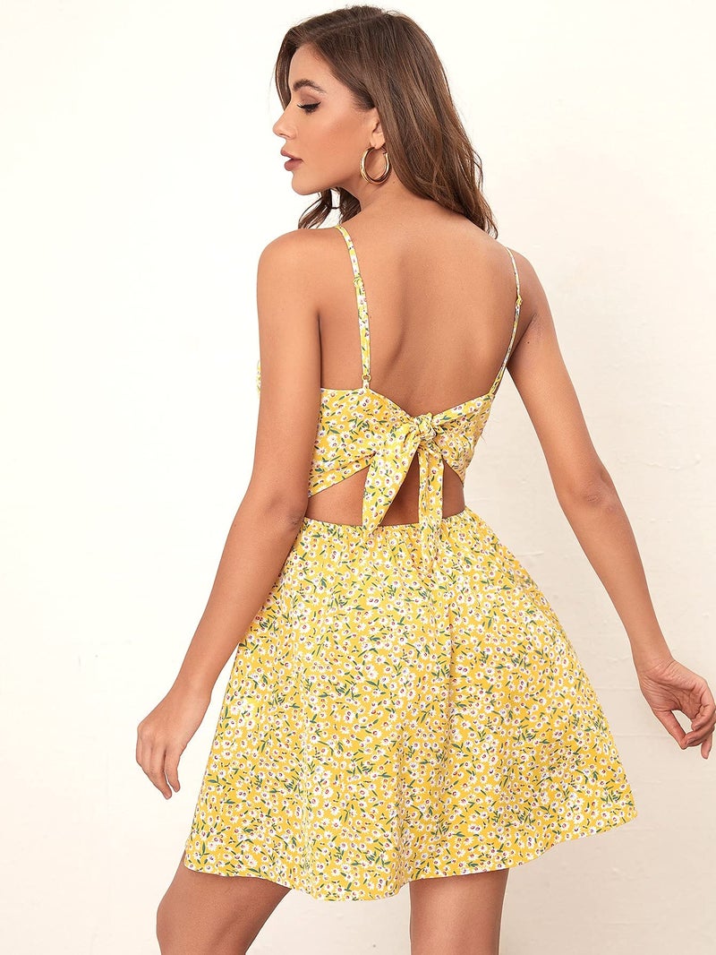 Floerns Women's Boho Floral Print Twist Front Cami A Line Mini Dress Yellow L - Image 2