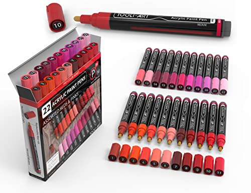TOOLI-ART TOOLIART 22 Acrylic Paint Markers Paint Pens Pro Color Series Set 3mm Medium Tip for Rock Painting Glass Mugs Wood Metal Glass Paint Canvas DIY Non Toxic Waterbased Quick Drying REDS - Image 1