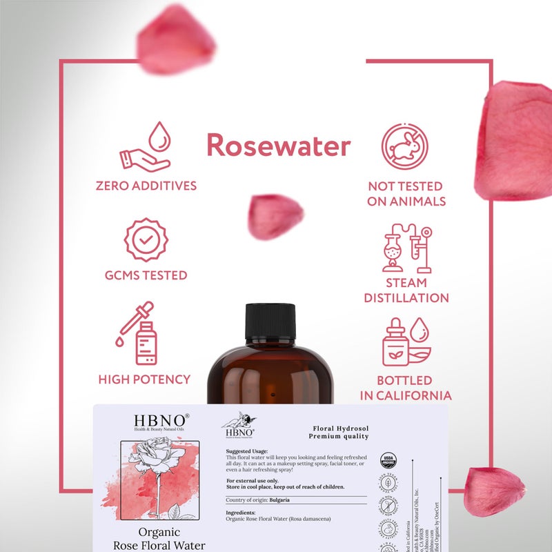 HBNO California Bottled Organic Rose Water for Face Huge 16 fl oz (480ml) Value Size - USDA Certified for Face - Pure Rose Water for Hair - Rosewater for Skincare, Haircare - Image 4