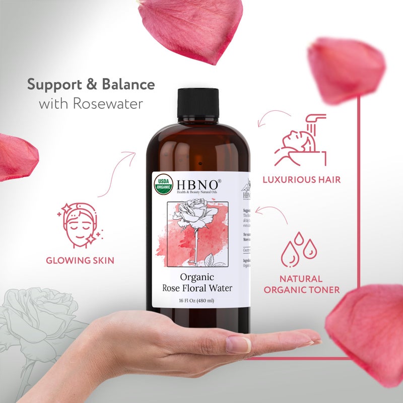 HBNO California Bottled Organic Rose Water for Face Huge 16 fl oz (480ml) Value Size - USDA Certified for Face - Pure Rose Water for Hair - Rosewater for Skincare, Haircare - Image 2