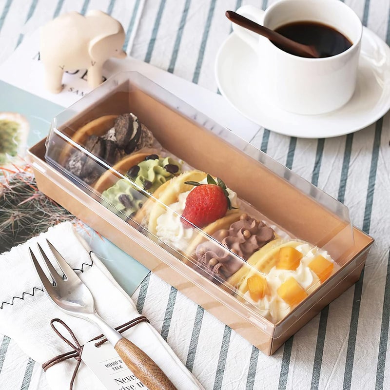 Ocmoiy 100 صندوق أوكموي ورقي لتقديم اللحوم الباردة بأغطية شفافة آمنة، حاويات حلويات مستطيلة قابلة للاستخدام مرة واحدة، صناديق مخبز كرافت بنية للفراولة، البسكويت، قنابل الكاكاو الساخن، الكب كيك، الساندويتش - Image 5