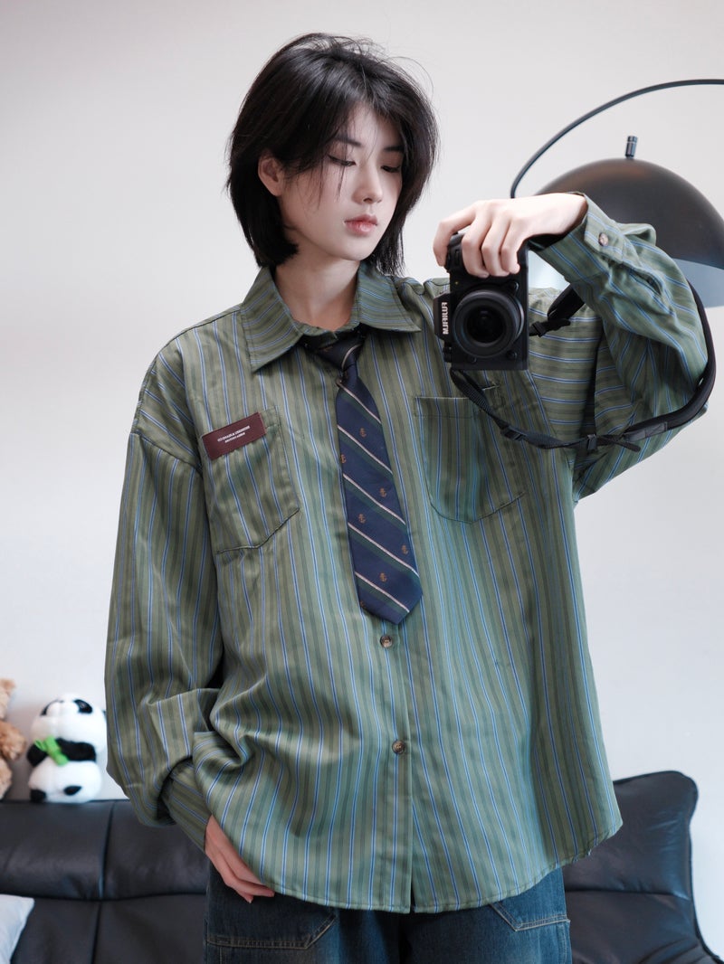 Ja1 never stays up late, Japanese retro Hong Kong-style striped shirt, women's short-sleeved and youthful neutral loose top for men - Image 2
