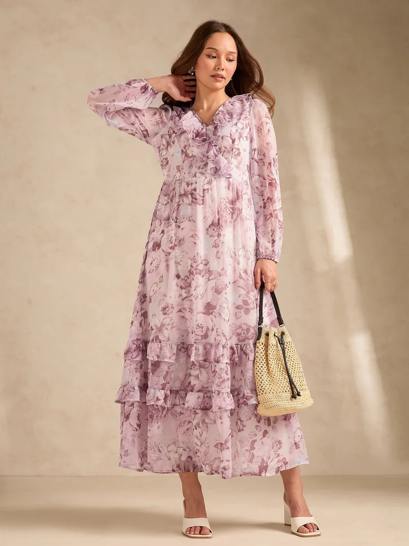 Outzidr  Pink Maxi Length V Length Printed Dress With Tiers for Women | Best Price UAE