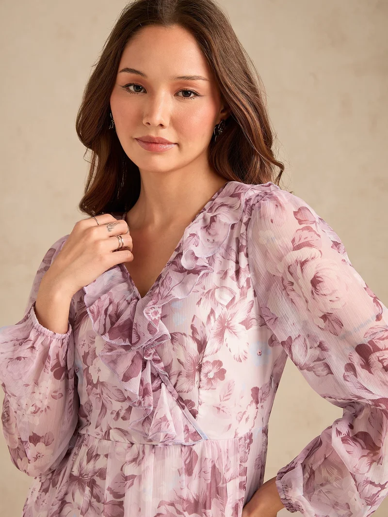 Outzidr  Pink Maxi Length V Length Printed Dress With Tiers for Women | Best Price UAE