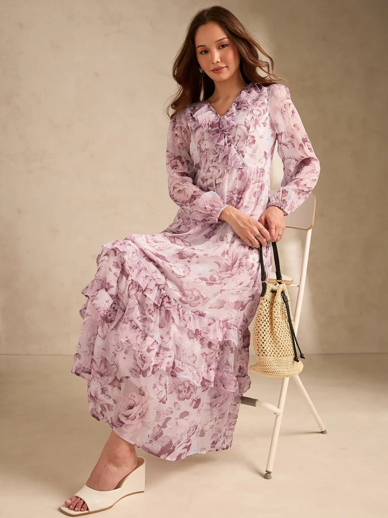 Outzidr  Pink Maxi Length V Length Printed Dress With Tiers for Women | Best Price UAE