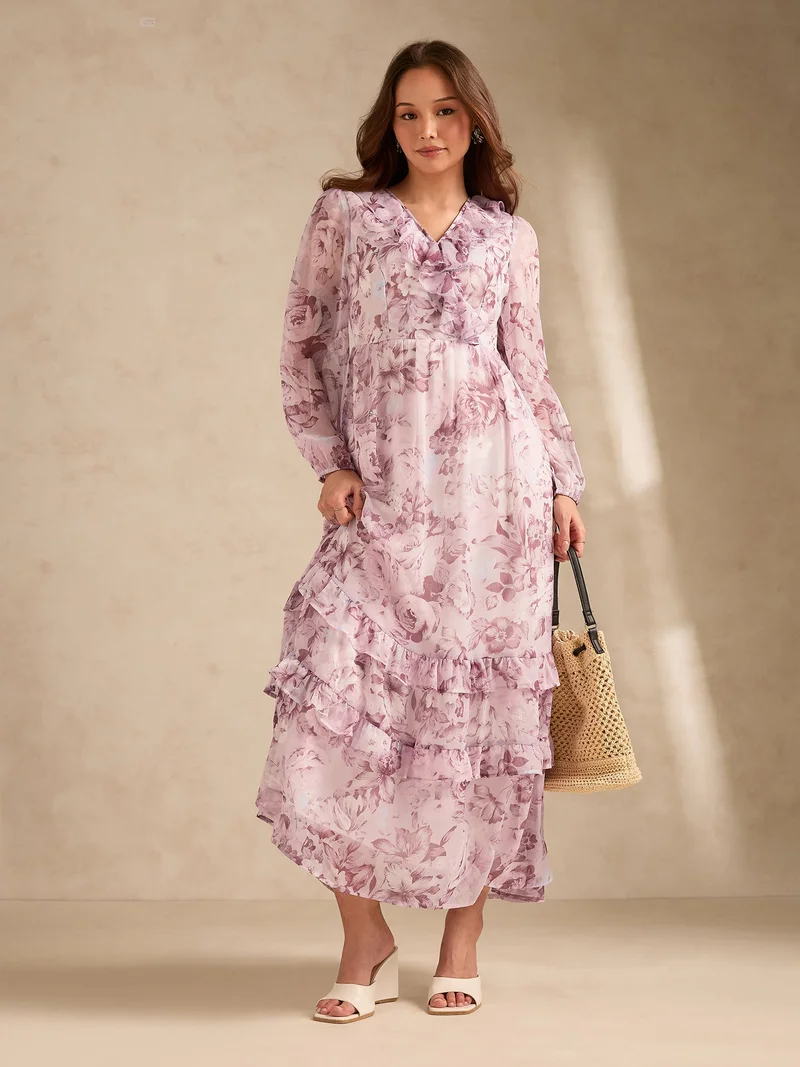 Outzidr  Pink Maxi Length V Length Printed Dress With Tiers for Women | Best Price UAE