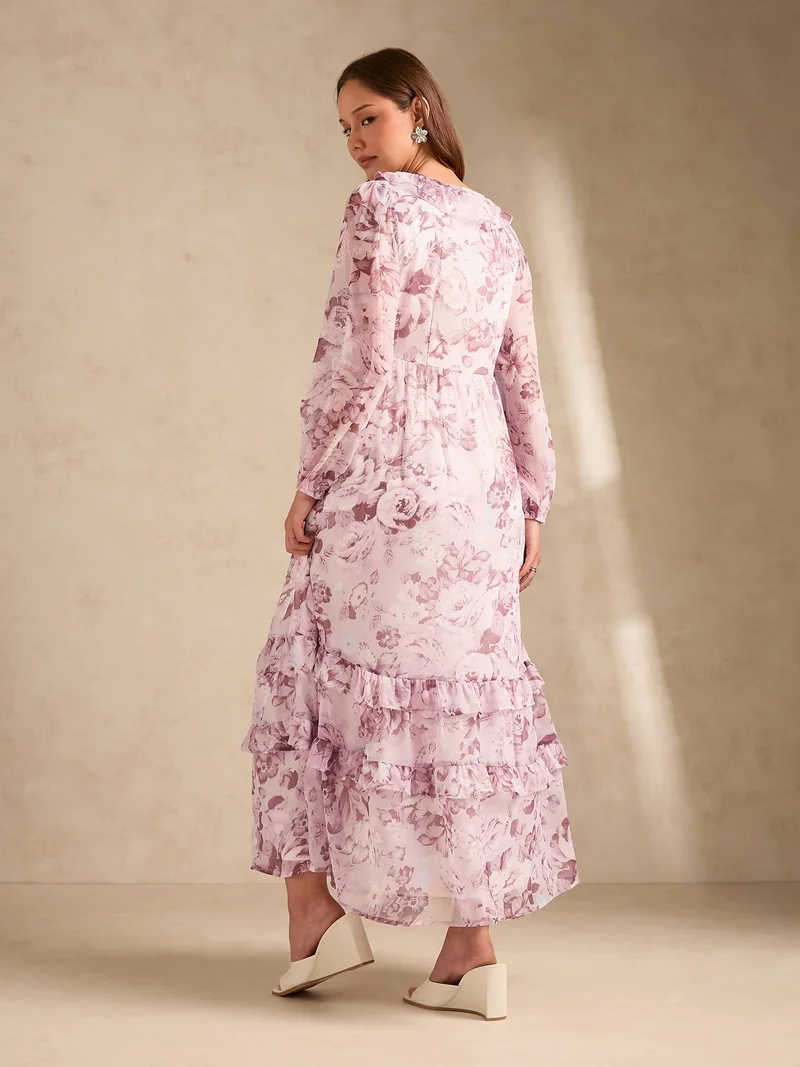Outzidr  Pink Maxi Length V Length Printed Dress With Tiers for Women | Best Price UAE