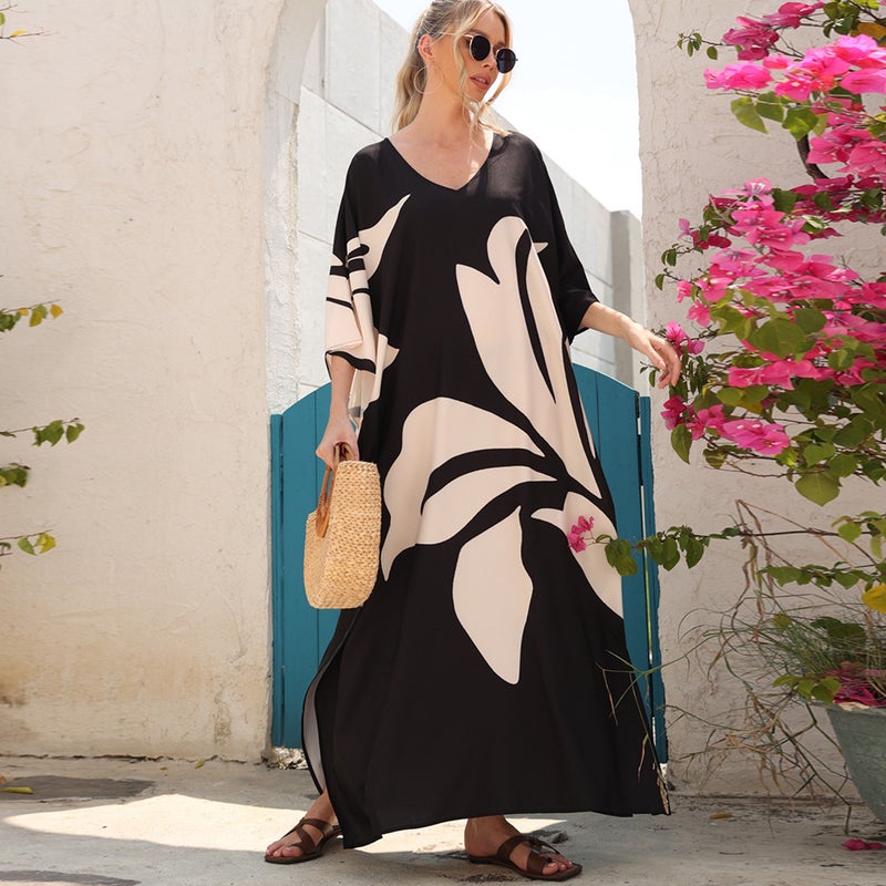2 Color Cross-border New Printed Batwing Sleeve Robe Loose plus size Holiday Beach Dress Bikini Mallo 3907(3907-1, Free size) - Image 1