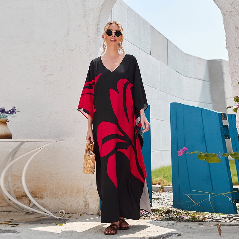 2 Color Cross-border New Printed Batwing Sleeve Robe Loose plus size Holiday Beach Dress Bikini Mallo 3907(3907-1, Free size) - Image 3
