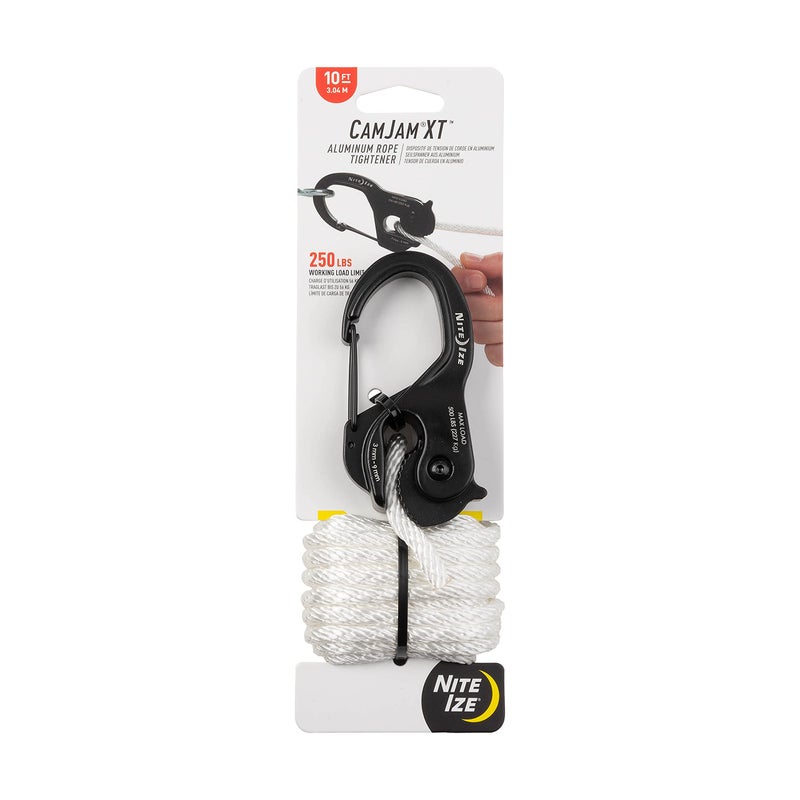 Nite Ize CamJam XT Aluminum Rope Tightener - Versatile Tie Down Cam Mechanism with Carabiner Clip - Secure Hiking Gear Essential - Rope Tie Down Accessory - Black/White - Image 1