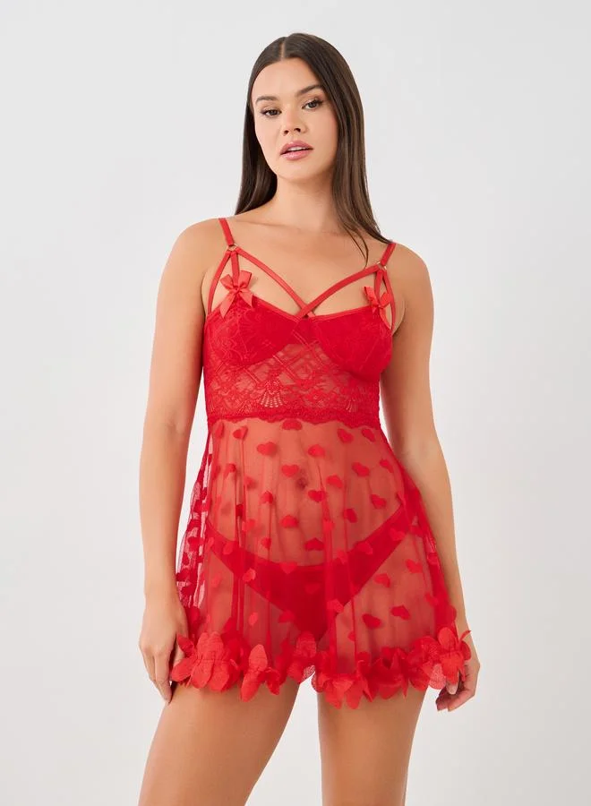 Styli Styli Apex Strap Heart Pattern Mesh Babydoll with Briefs