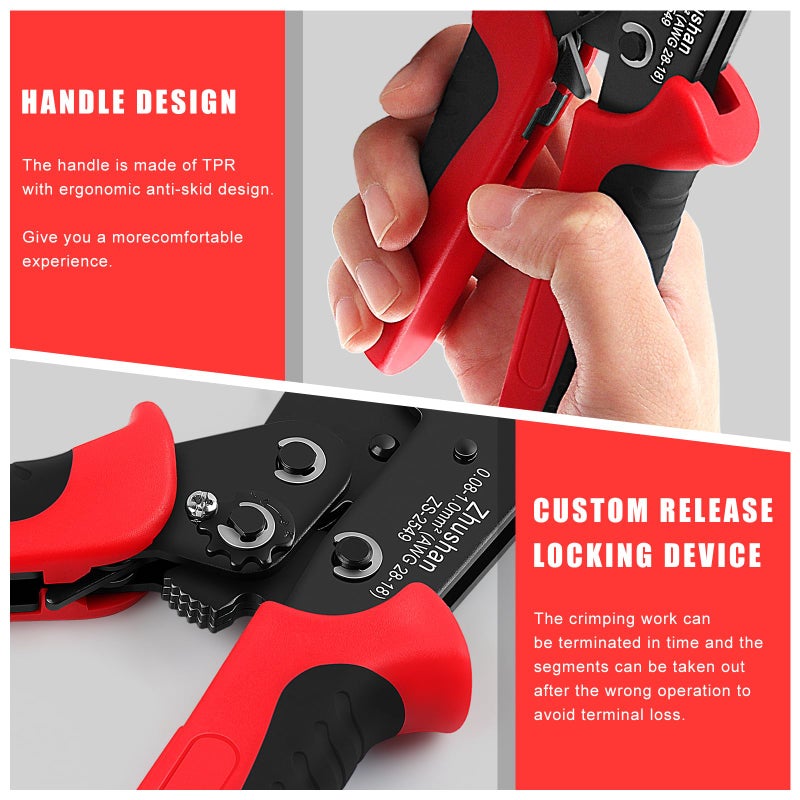 Zhushan ZS-2549 Precision Ratcheting Crimping Tool for JST, Molex, Dupont Terminals â€“ Fits ZH 1.5mm, PH 2.0mm, XH 2.5mm, VH 3.96mm, Dupont 2.54mm, AWG 28-18 (0.08-1.0mmÂ²) â€“ Professional Wire Crimper - Image 4