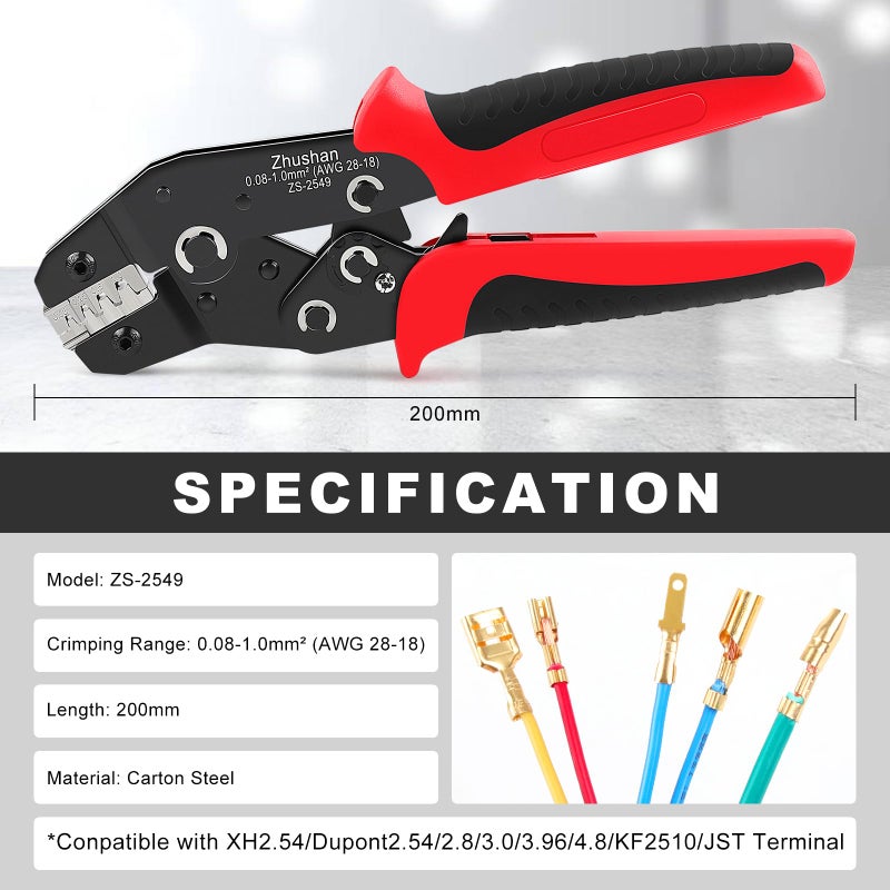 Zhushan ZS-2549 Precision Ratcheting Crimping Tool for JST, Molex, Dupont Terminals â€“ Fits ZH 1.5mm, PH 2.0mm, XH 2.5mm, VH 3.96mm, Dupont 2.54mm, AWG 28-18 (0.08-1.0mmÂ²) â€“ Professional Wire Crimper - Image 2