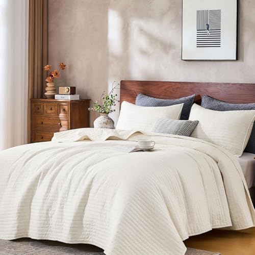 DOWN HOME King Quilt Bedding Set with Shams, Vintage Washed Soft Quilted Blanket Thin Comforter Lightweight Bedspread Coverlet Bed Cover, Brushed Microfiber Stripe Stitching, Linen White, 104"x90" - Image 1