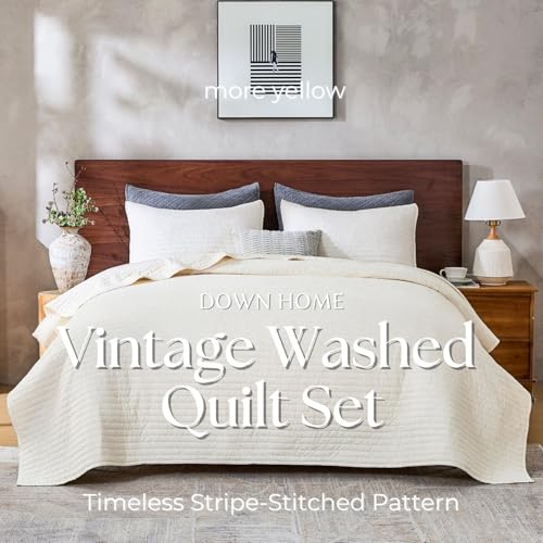 DOWN HOME King Quilt Bedding Set with Shams, Vintage Washed Soft Quilted Blanket Thin Comforter Lightweight Bedspread Coverlet Bed Cover, Brushed Microfiber Stripe Stitching, Linen White, 104"x90" - Image 2