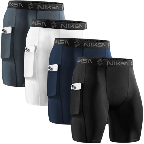 Niksa 4 Pack Compression Shorts Men with Pocket, Spandex Running Shorts Sport Athletic Workout Performance Underwear - Image 1