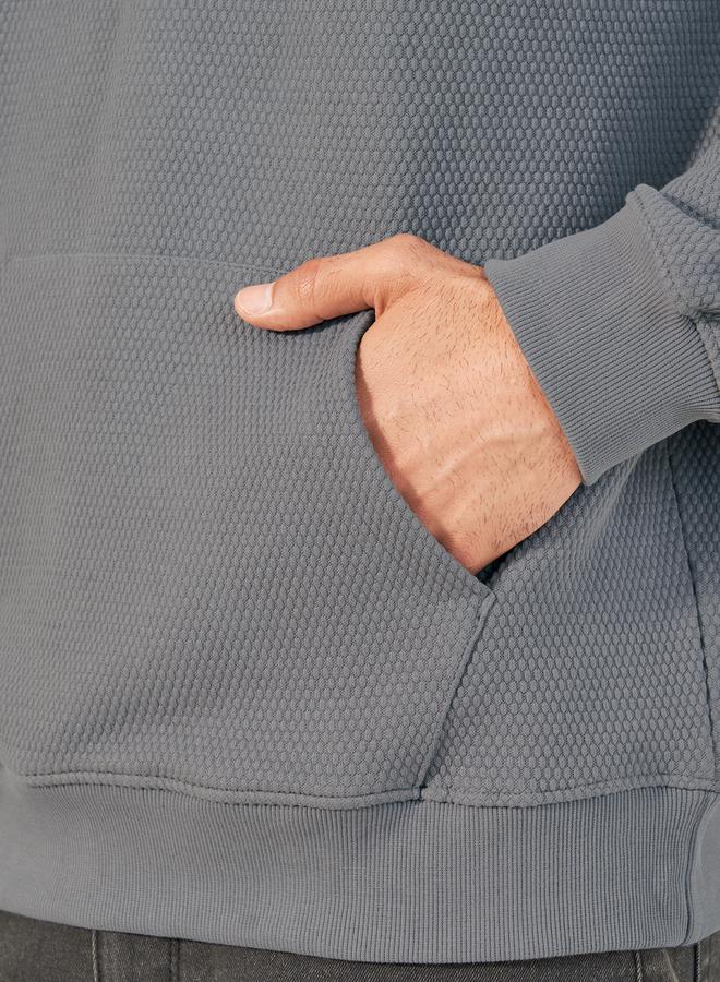 Waffle Textured Quilted Boxy Fit Hoodie with Kangaroo Pocket